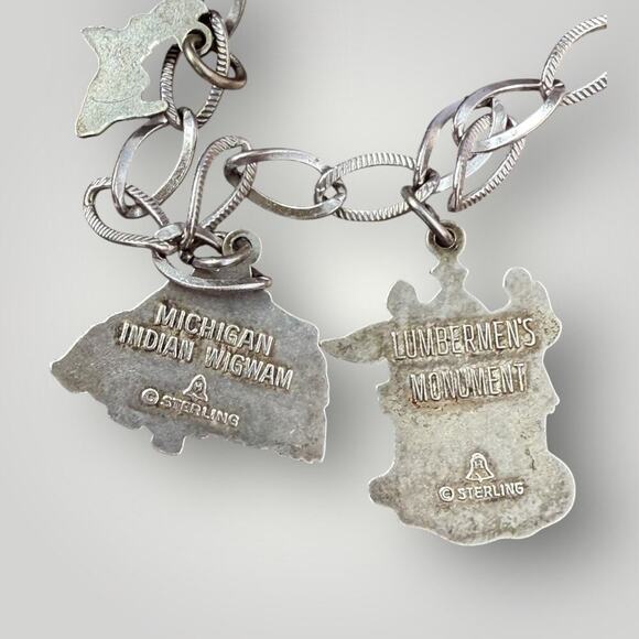 Vintage Sterling Silver Michigan Souvenir Charm Bracelet Bell Trading Post sz 7 - Picture 5 of 10